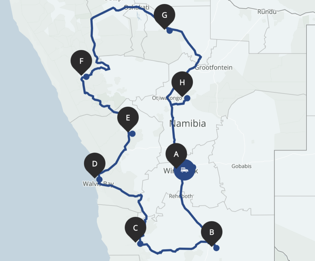 Reiseroute einer Individualreise in Namibia